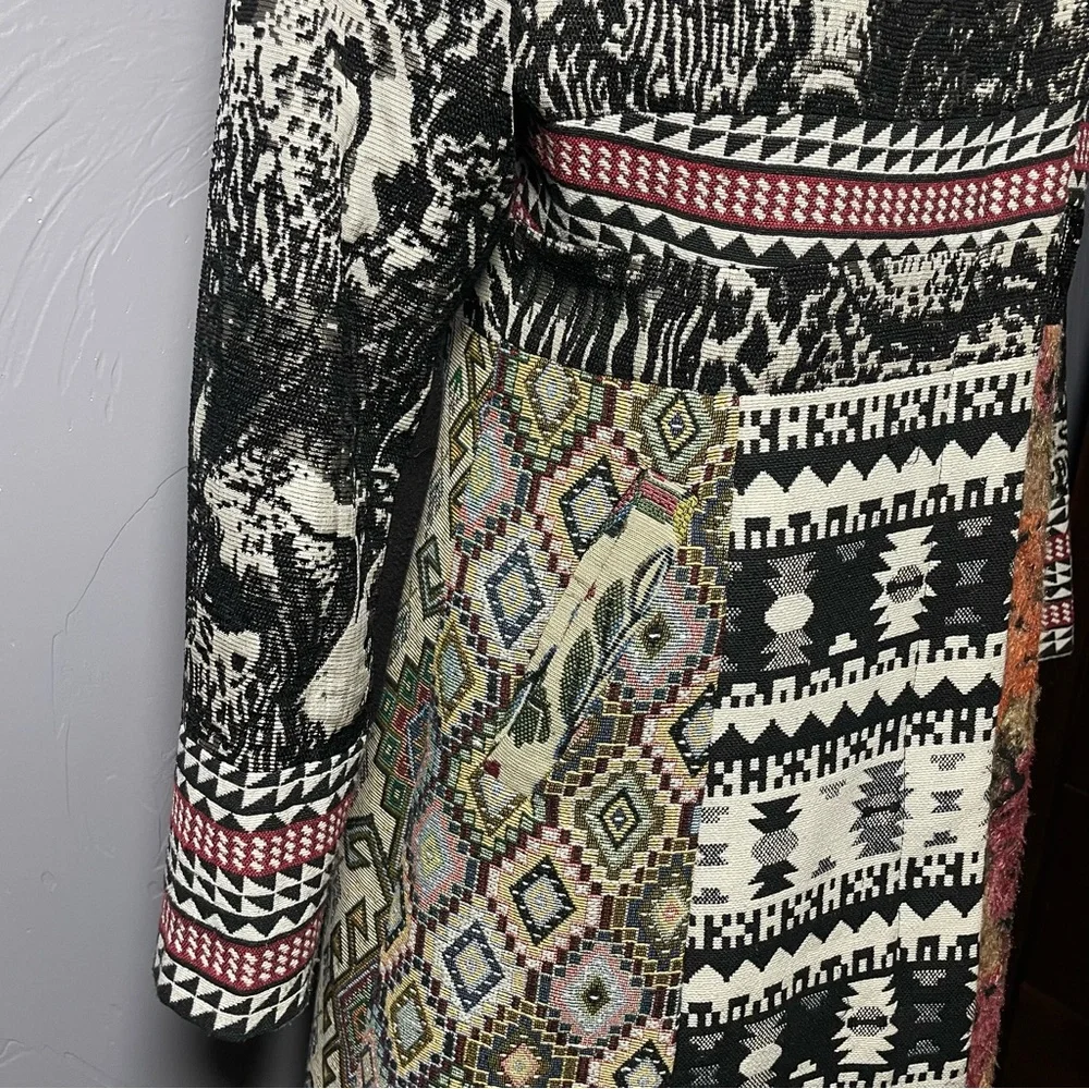 Vintage Tapestry Coat Patchwork 90's LARGE Western Tribal Floral Peacoat Small - Picture 3 of 11
